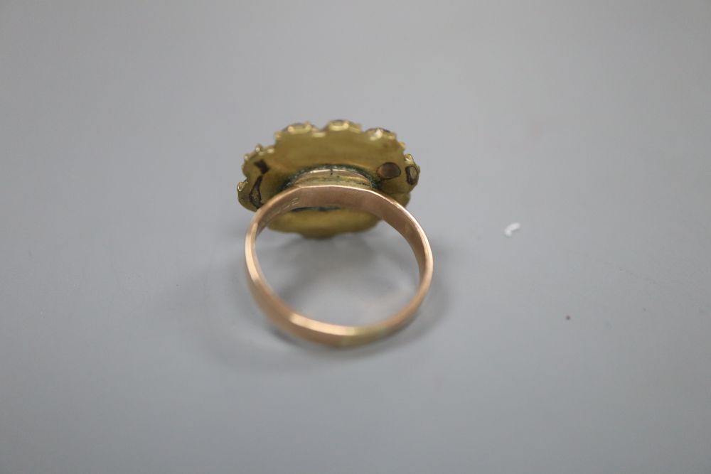 A 9ct gold shank, now with associated amethyst and seed pearl cluster set ring head, size G, gross 3 grams.